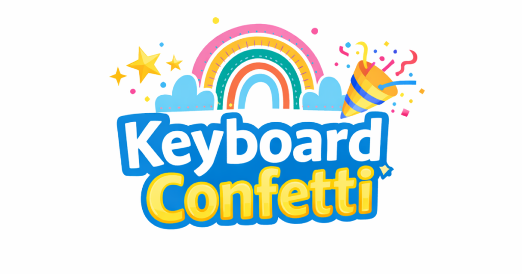 Official logo for Keyboard Confetti, a fun interactive keyboard smash game for kids and toddlers. The colourful design features a rainbow, stars and a party popper emoji bursting with confetti, reflecting the playful experience where children press keys or click the mouse to create colourful effects on screen.