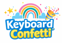 Colourful Keyboard Confetti logo with rainbow, stars and party popper emoji for a fun keyboard smash game for kids